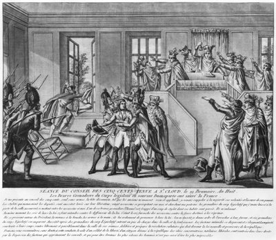 Bonaparte protected by two grenadiers during the session in St.Cloud, 19 brumaire an 8 (10th November 1799) by French School